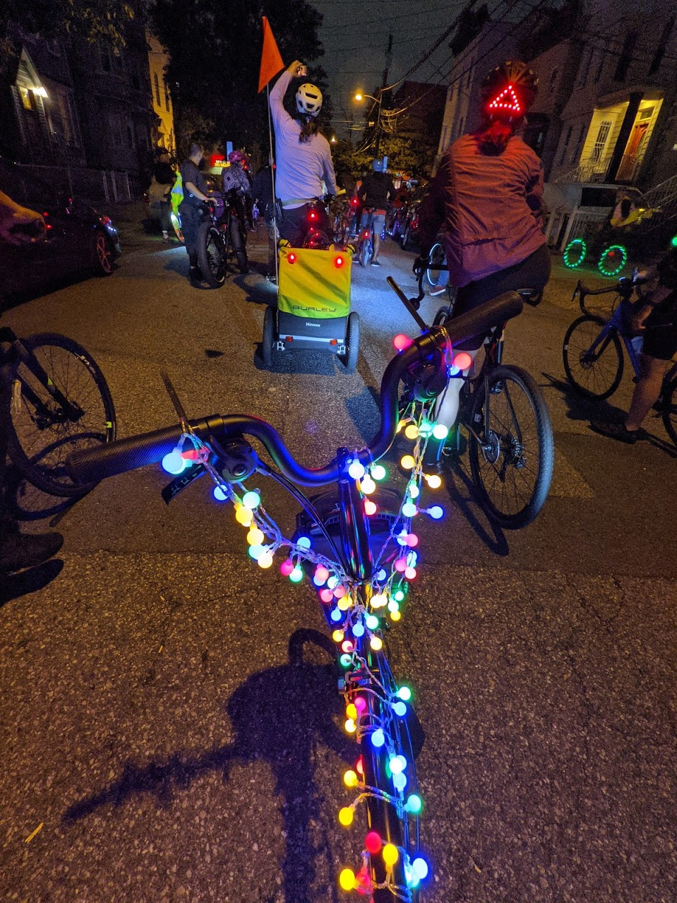 Cockpit view of Brompton with festive lights on frame