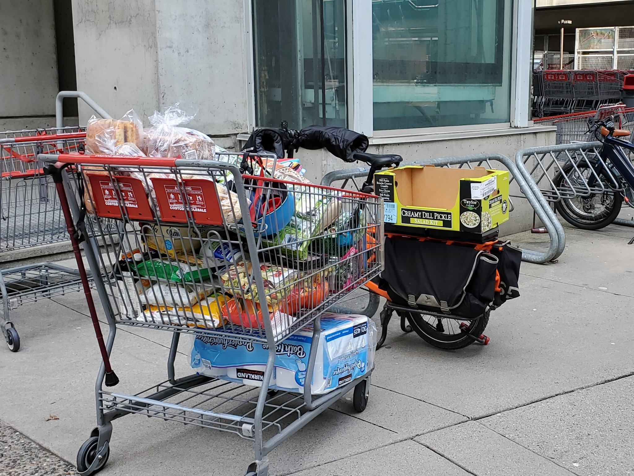 Costco shopping cart full of groceries to be loaded onto a Tern GSD