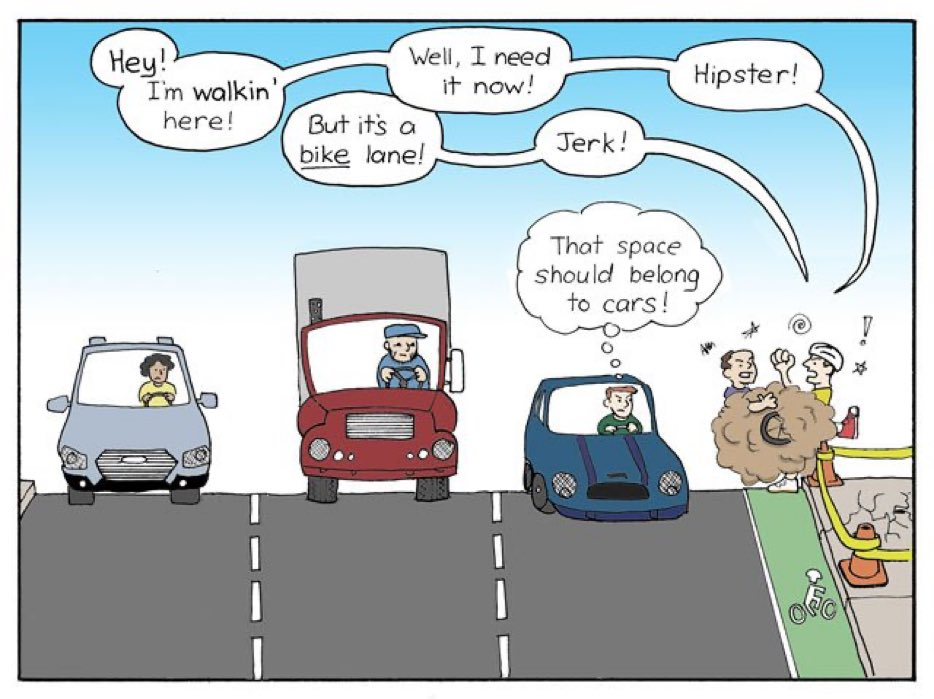 Comic showing drivers with plenty of space and pedestrians and cyclists fighting for scraps