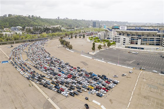 overhead shot of cars in line at a San Diego food bank in April 2020, from ABC News