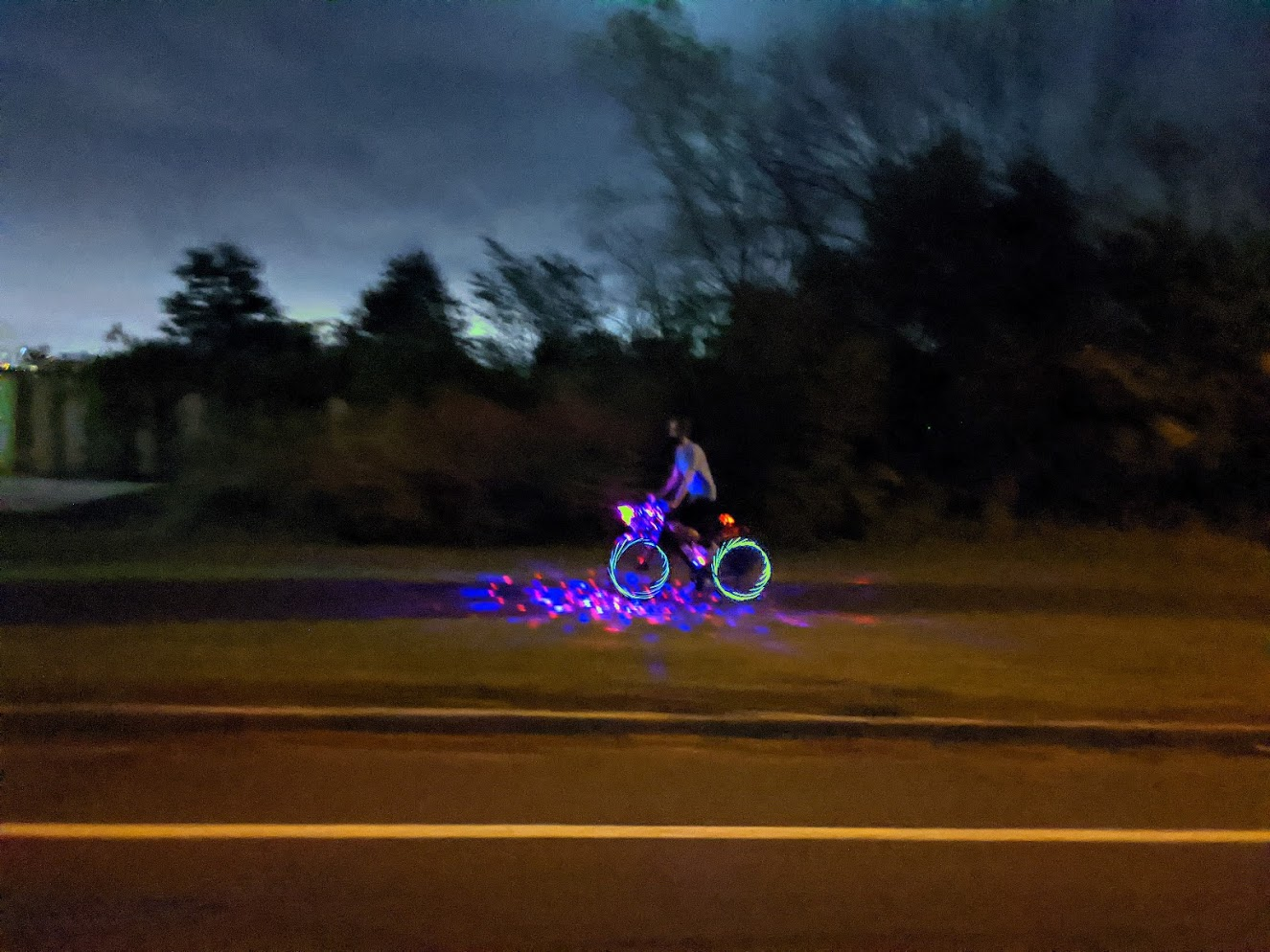 One of my "leg-bikes" with disco lights illuminating pavement around it