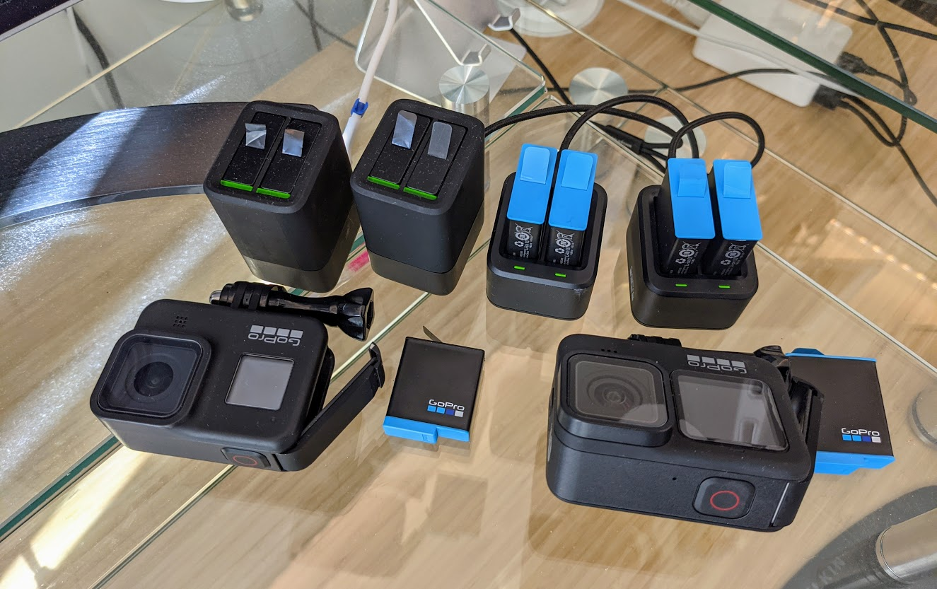 GoPro Hero 8 and 9 cameras and 5 batteries – including 2 2-battery chargers – for each