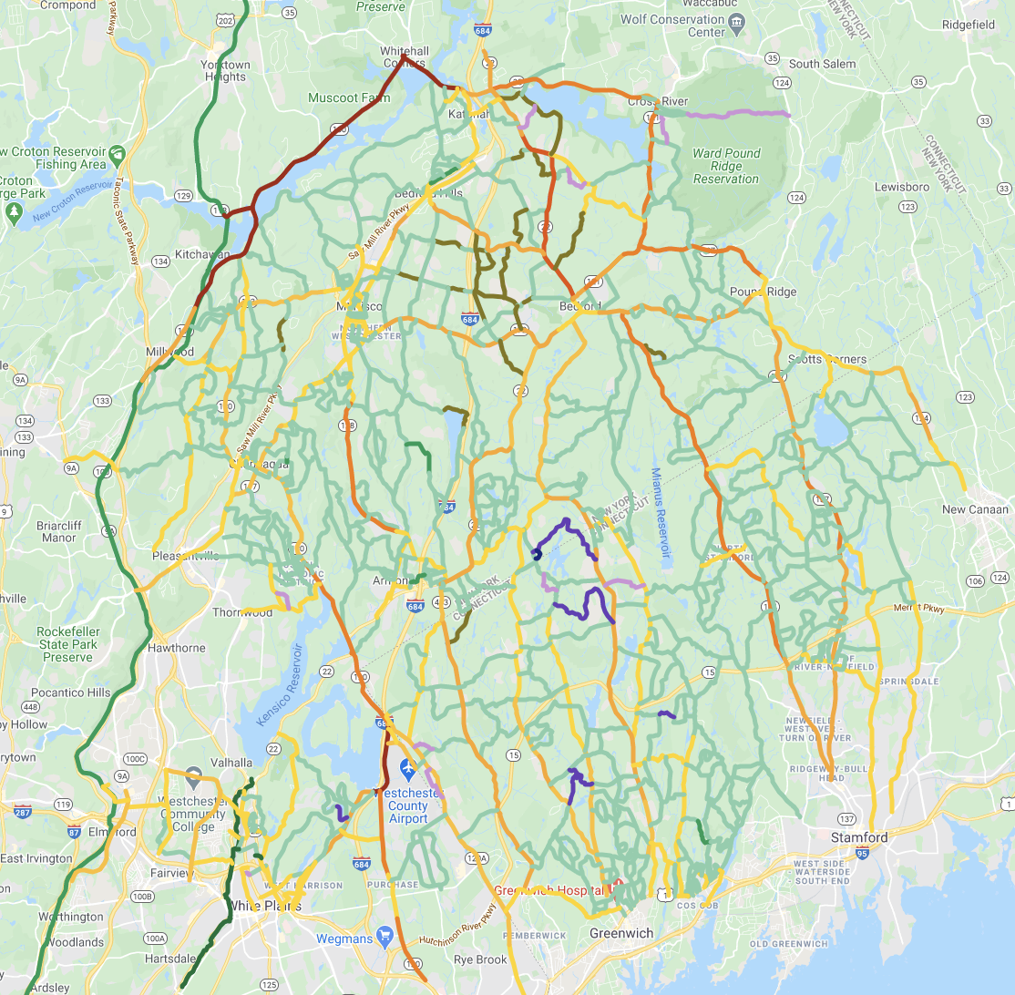 Screenshot of Google map of greater Westchester County, NY, with streets color-coded by bike-friendliness