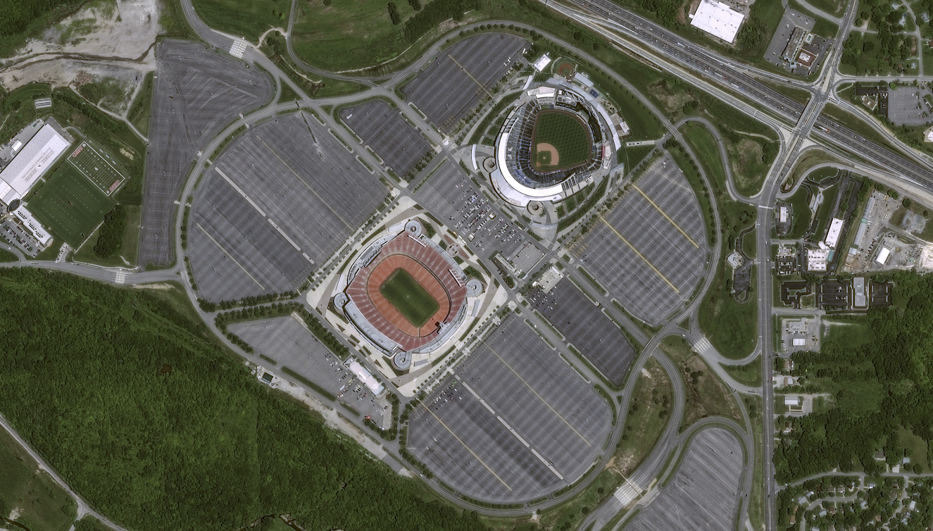 Satellite picture of Arrowhead Stadium in Kansas City, with huge amounts of parking