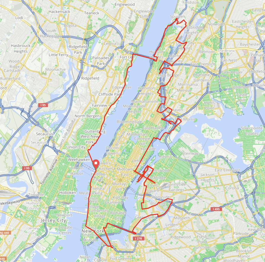 RideWithGPS screenshot showing route around Manhattan, zig-zagging back and forth over bridges