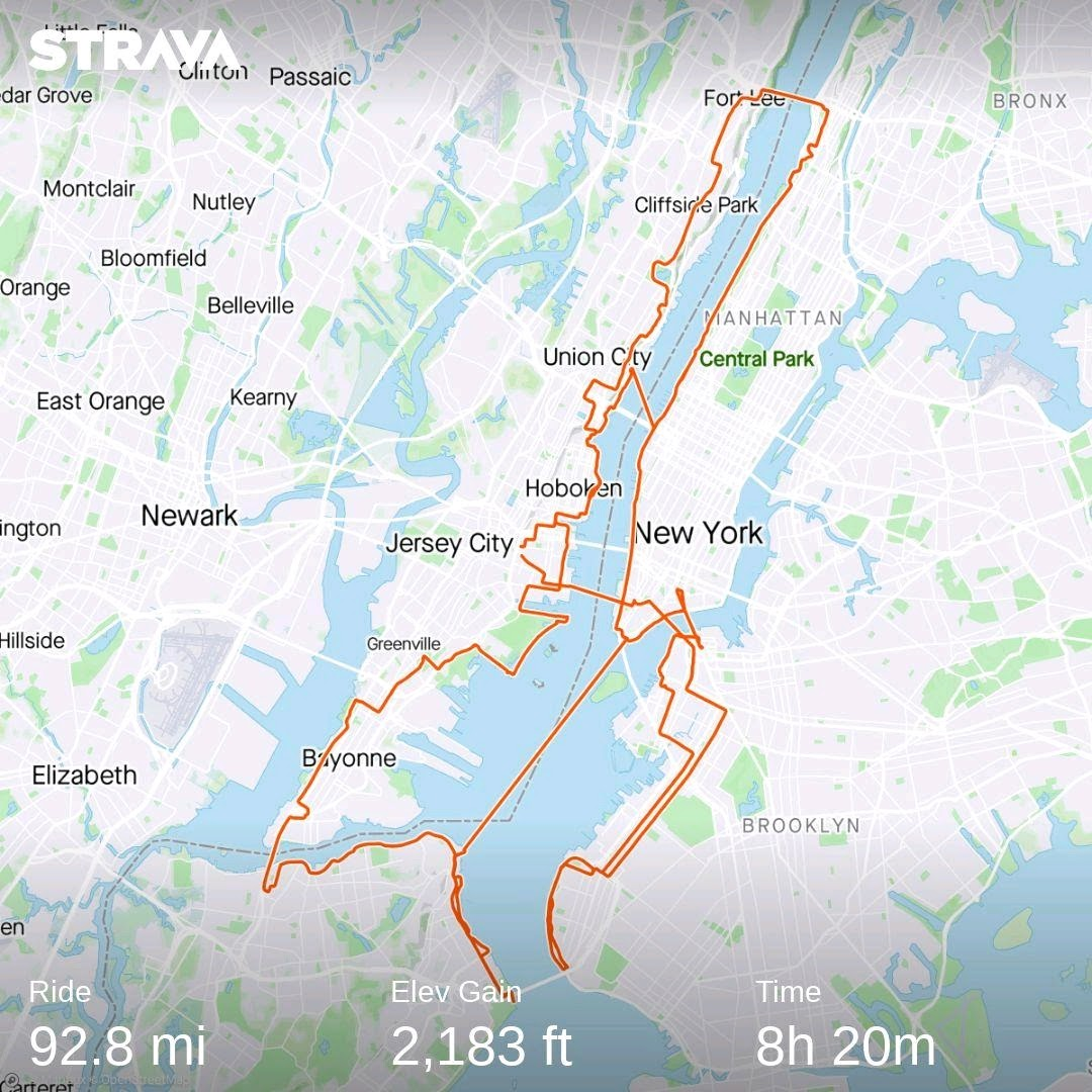 Strava map showing a 92.8mi ride between each end of the Verrazzano bridge