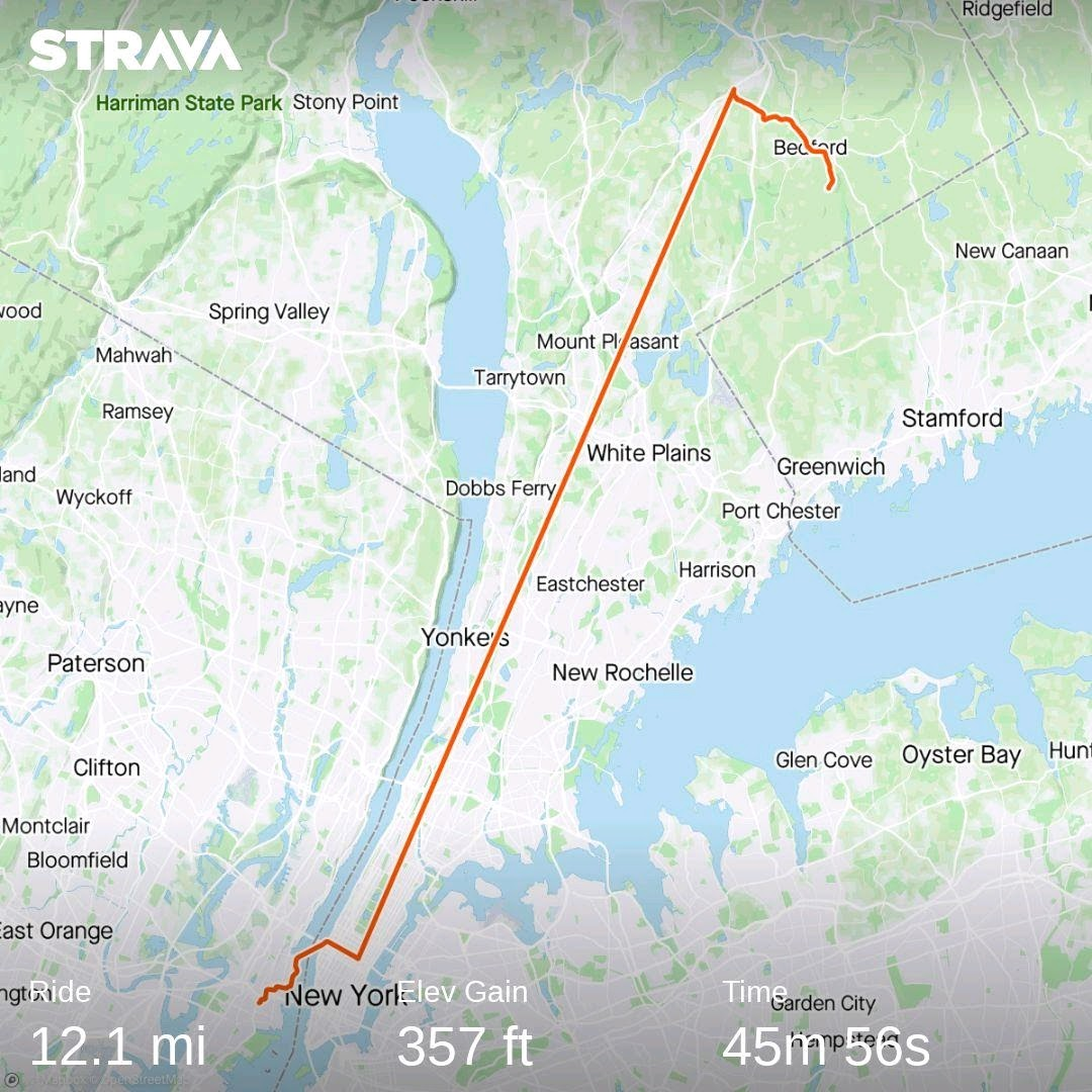 Strava map showing 12mi riding in 45mins on a journey from Bedford to Jersey City, including a Metro North train and NY Waterway ferry