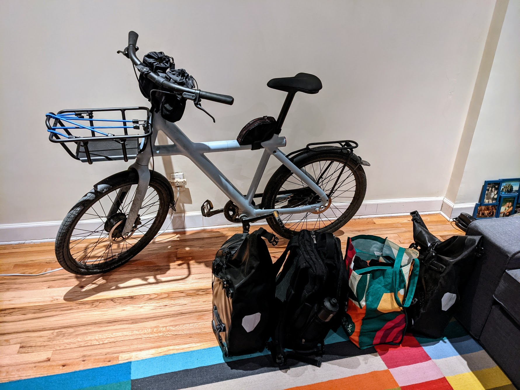 VanMoof + bags: 2 panniers, front grocery bag, backpack