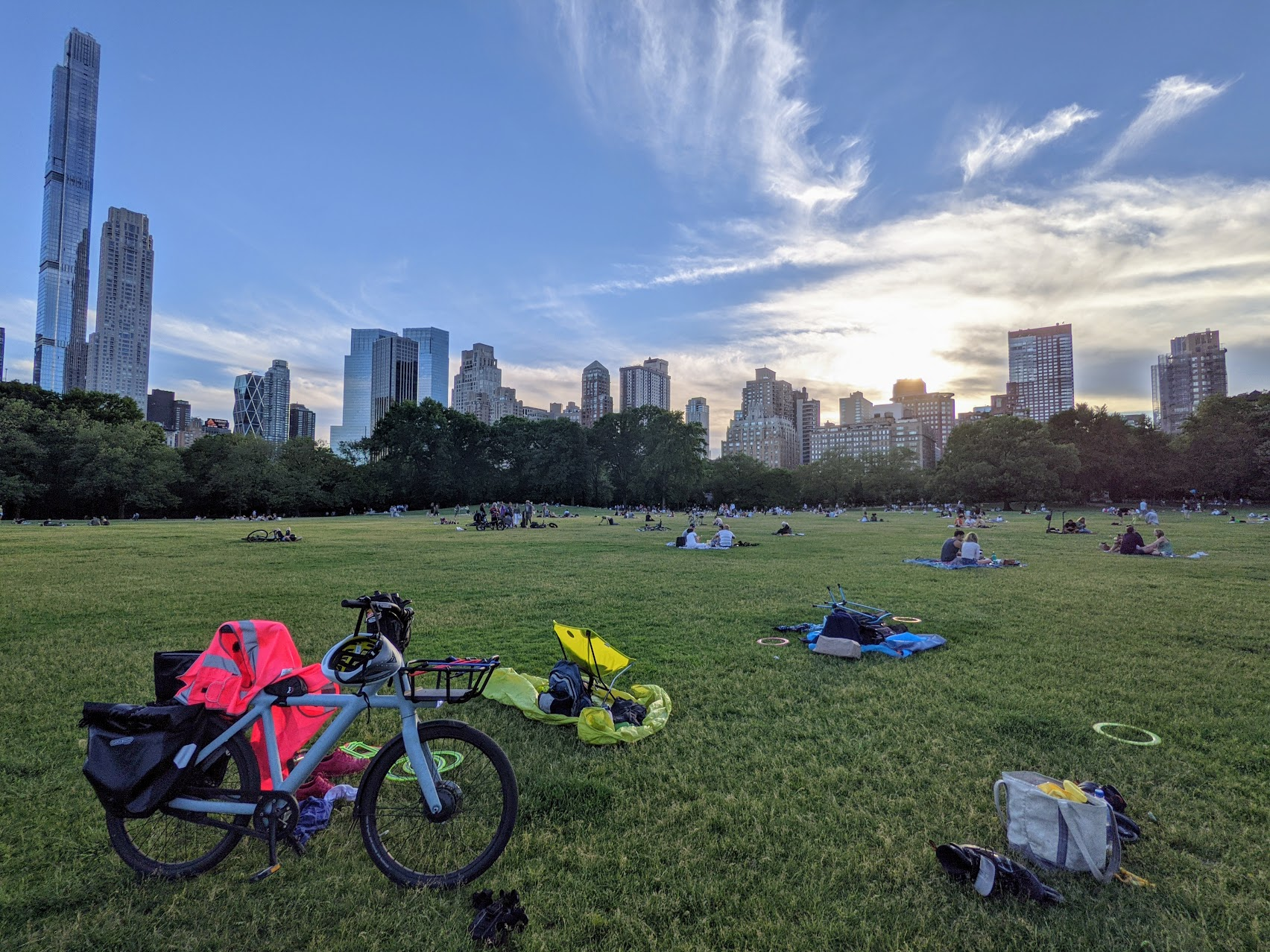 VanMoof + gear parked in Sheep's Meadow in Central Park, NYC