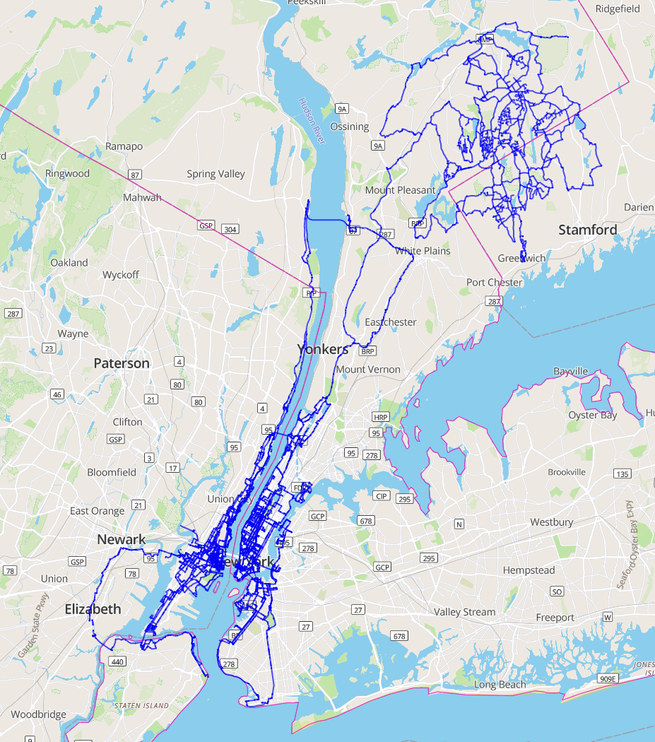 Map of places I've explored in NYC, NJ, Westchester County, and Connecticut